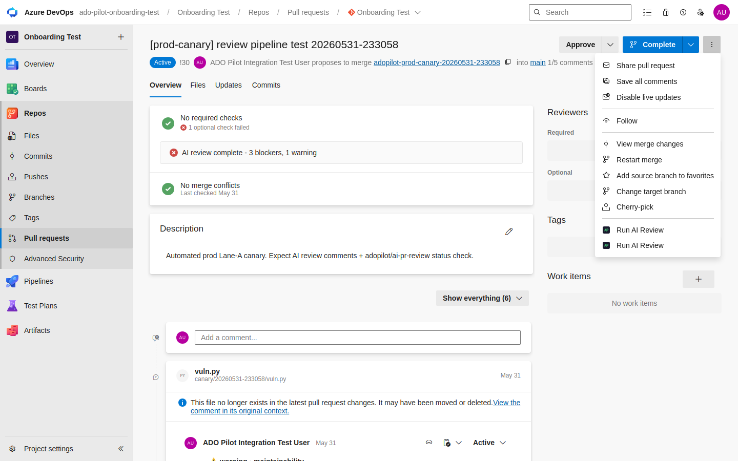 The PR three-dot action overflow menu open showing 'Run AI Review' among the standard ADO actions.