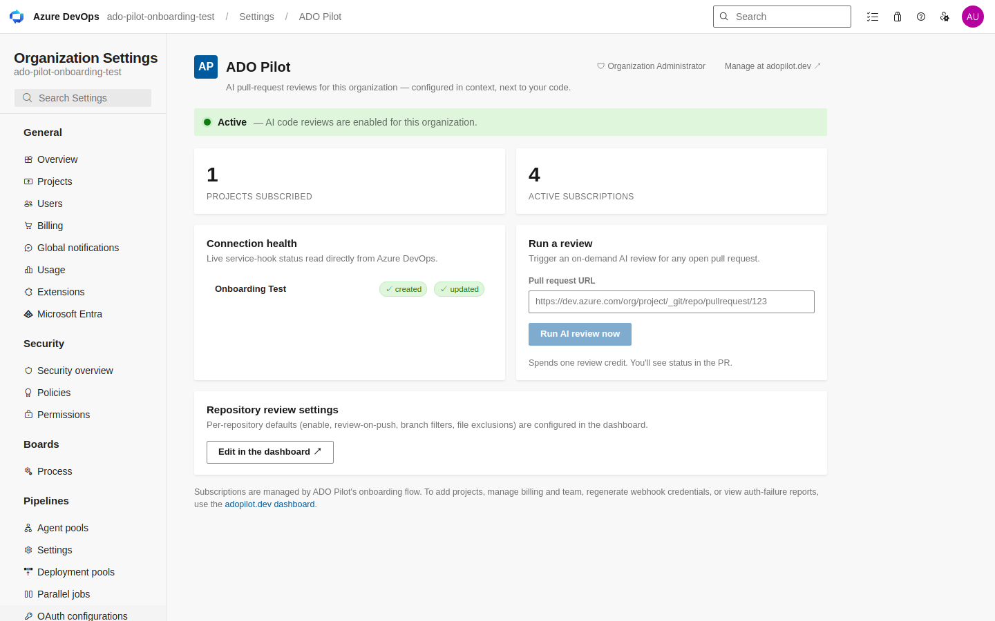 The ADO Pilot Settings Hub showing the Active status banner, connection health panel, and Run a review form with a PR URL input.