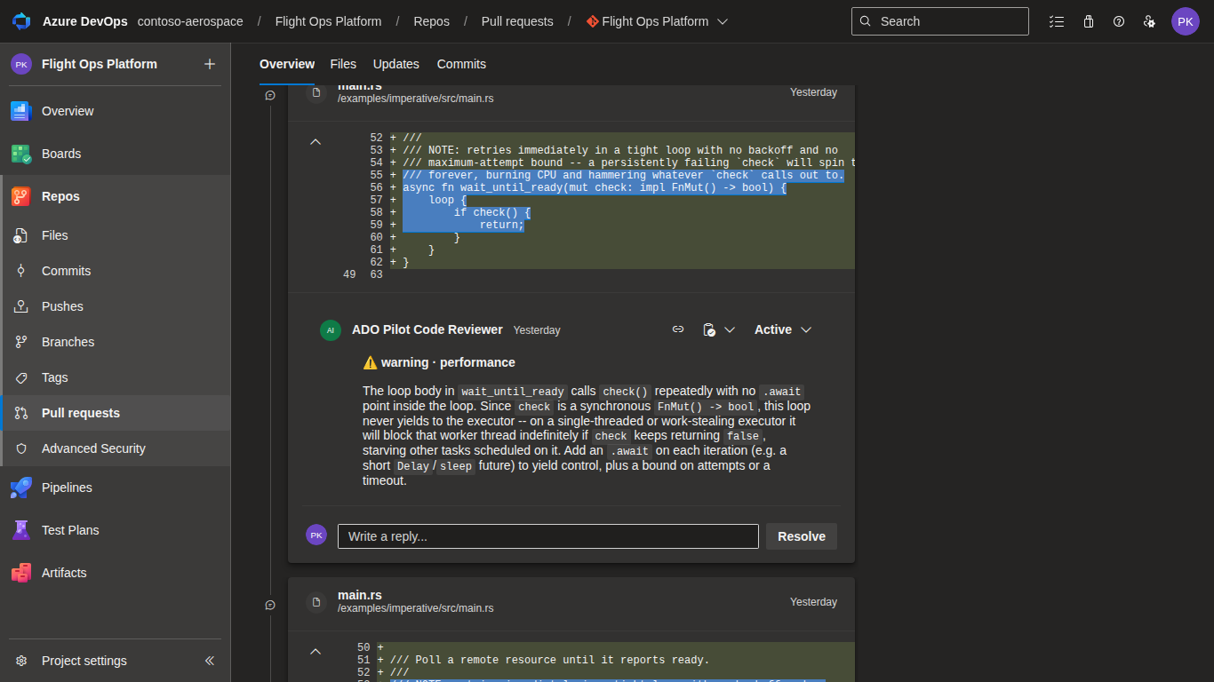 ADO Pilot posting an inline code review comment on a pull request