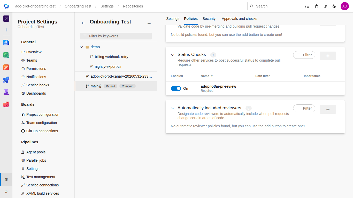 The adopilot/ai-pr-review status check configured as a required branch policy in Azure DevOps